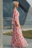Dusty Rose Floral Chiffon Sheath Maxi Mother of the Bride Dress with Cape Sleeves