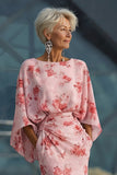 Dusty Rose Floral Chiffon Sheath Maxi Mother of the Bride Dress with Cape Sleeves