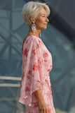 Dusty Rose Floral Chiffon Sheath Maxi Mother of the Bride Dress with Cape Sleeves