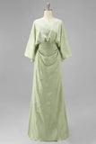 Sage Green Jacquard Sheath Maxi Mother of the Bride Dress with Cape Sleeves