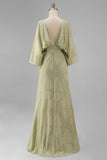 Sage Green Jacquard Sheath Maxi Mother of the Bride Dress with Cape Sleeves