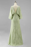 Sage Green Jacquard Sheath Maxi Mother of the Bride Dress with Cape Sleeves