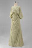 Sage Green Jacquard Sheath Maxi Mother of the Bride Dress with Cape Sleeves