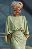 Sage Green Jacquard Sheath Maxi Mother of the Bride Dress with Cape Sleeves