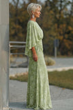 Sage Green Jacquard Sheath Maxi Mother of the Bride Dress with Cape Sleeves