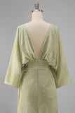 Sage Green Jacquard Sheath Maxi Mother of the Bride Dress with Cape Sleeves