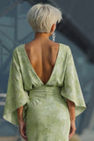 Sage Green Jacquard Sheath Maxi Mother of the Bride Dress with Cape Sleeves