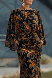 Peacock Blue Velvet Burnout Sheath Maxi Mother of the Bride Dress with Cape Sleeves