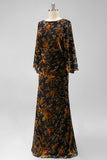 Peacock Blue Velvet Burnout Sheath Maxi Mother of the Bride Dress with Cape Sleeves