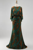 Peacock Blue Velvet Burnout Sheath Maxi Mother of the Bride Dress with Cape Sleeves