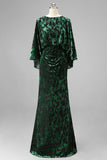 Peacock Blue Velvet Burnout Sheath Maxi Mother of the Bride Dress with Cape Sleeves