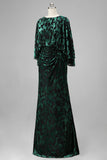 Peacock Blue Velvet Burnout Sheath Maxi Mother of the Bride Dress with Cape Sleeves