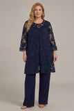 2-Piece Navy Chiffon Appliqued Mother Of the Bride Pant Suits with 3/4 Sleeves