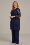 2-Piece Navy Chiffon Appliqued Mother Of the Bride Pant Suits with 3/4 Sleeves