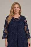 2-Piece Navy Chiffon Appliqued Mother Of the Bride Pant Suits with 3/4 Sleeves