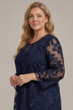 2-Piece Navy Chiffon Appliqued Mother Of the Bride Pant Suits with 3/4 Sleeves