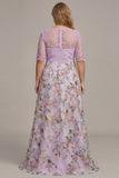Dusty Rose Floral A Line Illusion Neck Long Mother Of the Bride Dress