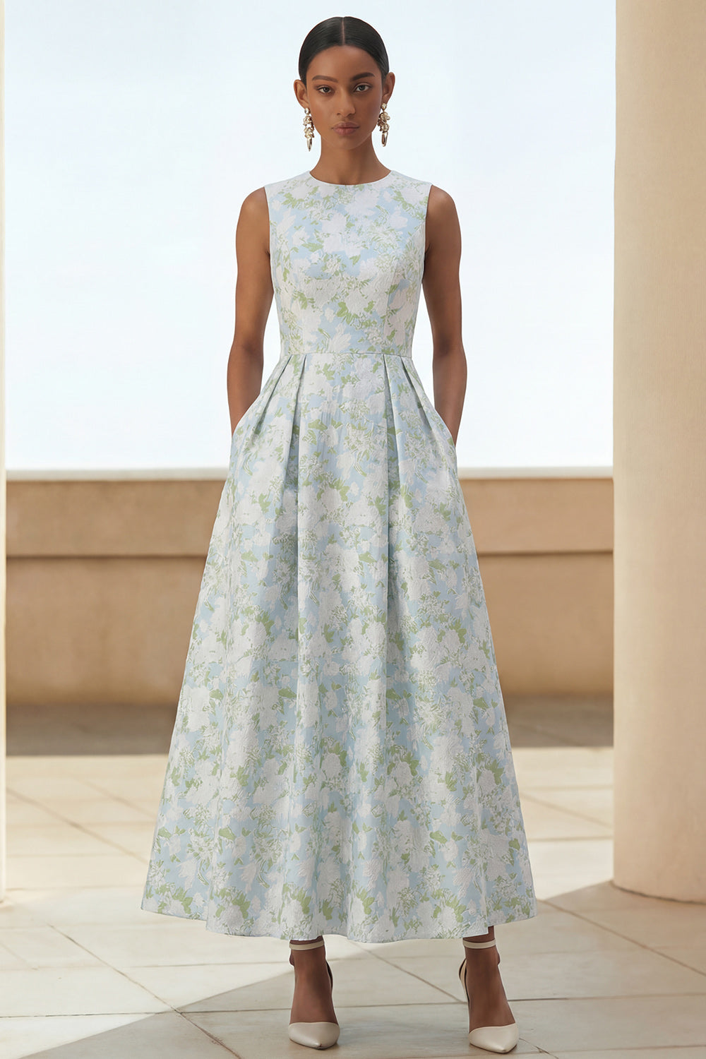 Wedtrend Women Blue Floral Wedding Guest Dress with Pockets Round Neck