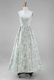 Blue Floral A Line Midi Wedding Guest Dress with Pockets