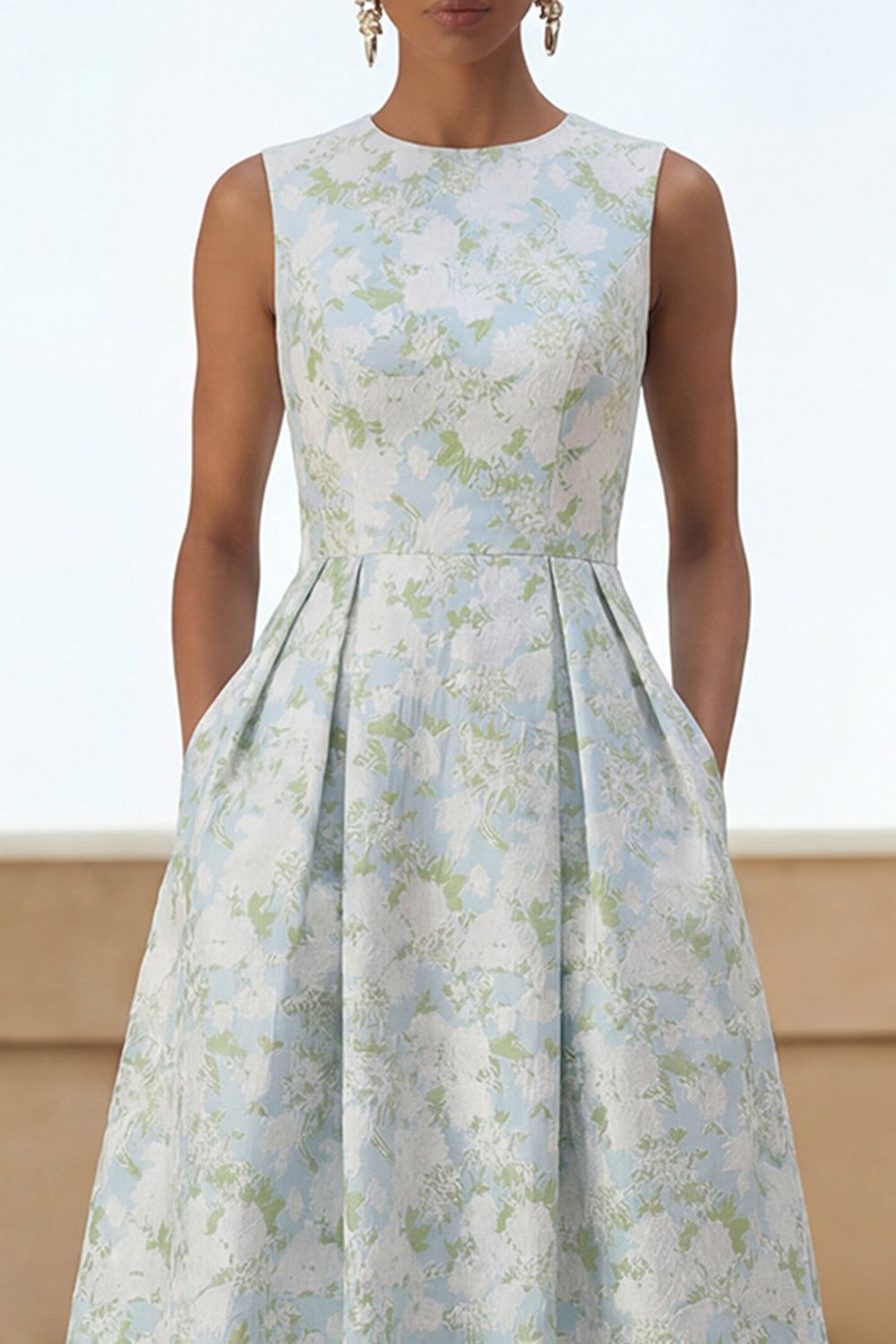 Wedtrend Women Blue Floral Wedding Guest Dress with Pockets Round Neck