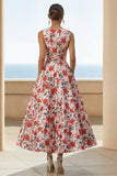 Pink Floral A Line Midi Wedding Guest Dress with Pockets