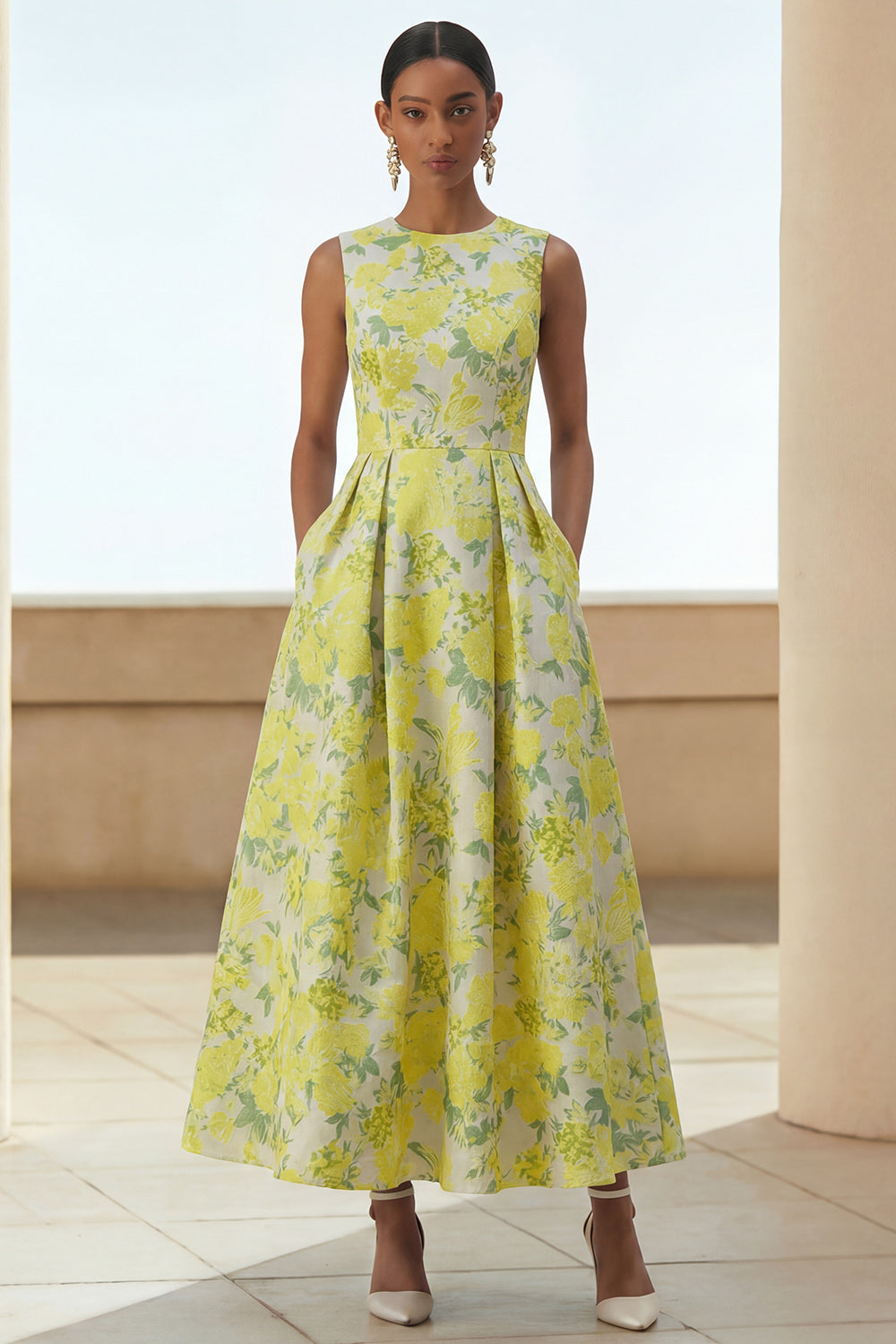 Wedtrend Women Floral Midi Wedding Guest Dress Round Neck Yellow A Line Tea Party Dress with Pockets, Daffodi Flower / US6