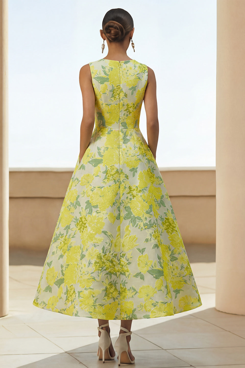 Wedtrend Women Floral Midi Wedding Guest Dress Round Neck Yellow A Line Tea Party Dress with Pockets, Daffodi Flower / US6
