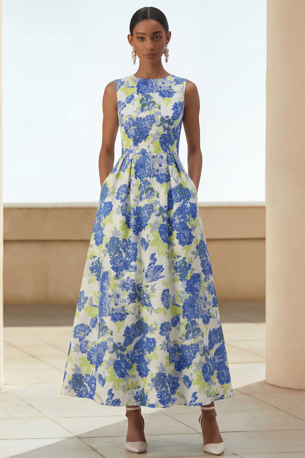 Wedtrend Women Blue Daffodil Flower Midi Wedding Guest Dress A Line Round Neck Tea Party Dress with Pockets, Blue Daffodi Flower / US16W