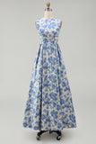 Blue Daffodil Flower A Line Midi Wedding Guest Dress with Pockets