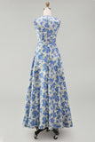 Blue Daffodil Flower A Line Midi Wedding Guest Dress with Pockets