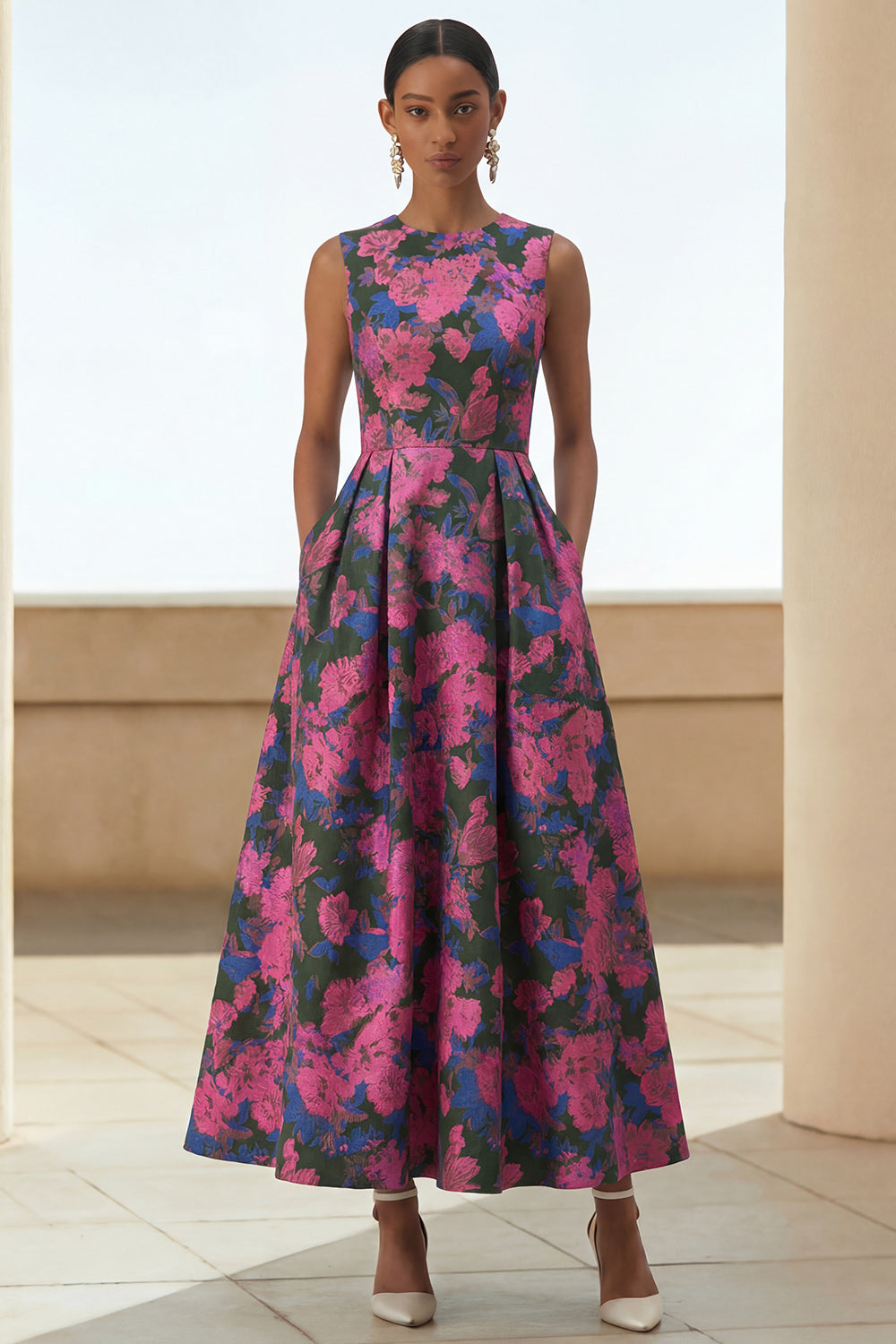 fuchsia floral midi dress Fuchsia Floral Print Midi Dress