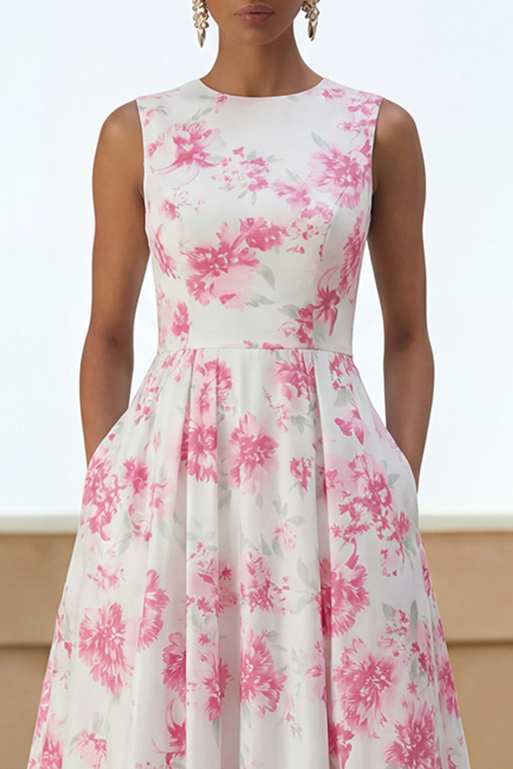 Wedtrend Women White Floral Wedding Guest Dress Round Neck A Line Midi Party Dress with Pockets, White Fuchsia Flower / US2