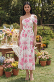 White Floral One Shoulder A Line Midi Wedding Guest Dress