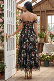 Black Off the Shoulder Floral A Line Midi Wedding Guest Dress