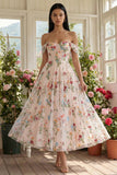Black Off the Shoulder Floral A Line Midi Wedding Guest Dress