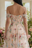 Black Off the Shoulder Floral A Line Midi Wedding Guest Dress