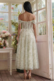 Off the Shoulder Corset A Line Light Green Floral Wedding Guest Dress