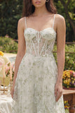 Light Green Floral Corset A Line Midi Wedding Guest Dress