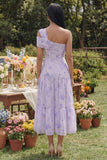 One Shoulder Lilac Floral A Line Midi Wedding Guest Dress