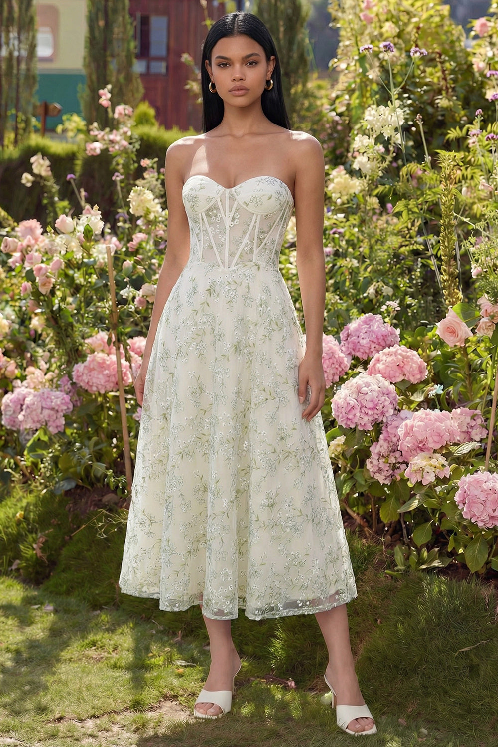 Wedtrend Women Strapless Floral Wedding Guest Dress Corset Light Green A Line Midi Dress, Light Green / US24W