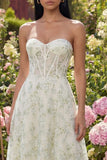 Strapless Light Green Floral Corset A Line Midi Wedding Guest Dress