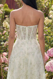 Strapless Light Green Floral Corset A Line Midi Wedding Guest Dress