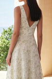 Light Green A Line V Neck Floral Midi Wedding Guest Dress