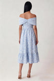Off the Shoulder Blue Jacquard A Line Midi Wedding Guest Dress