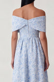 Off the Shoulder Blue Jacquard A Line Midi Wedding Guest Dress