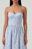 Blue Strapless Jacquard A Line Maxi Wedding Guest Dress