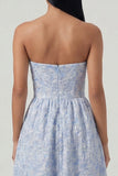 Blue Strapless Jacquard A Line Maxi Wedding Guest Dress