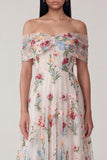 Black Off the Shoulder Floral Embroidered Midi Wedding Guest Dress