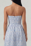 Blue Strapless Jacquard Corset Midi Wedding Guest Dress