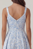 Blue Jacquard A Line Midi Wedding Guest Dress